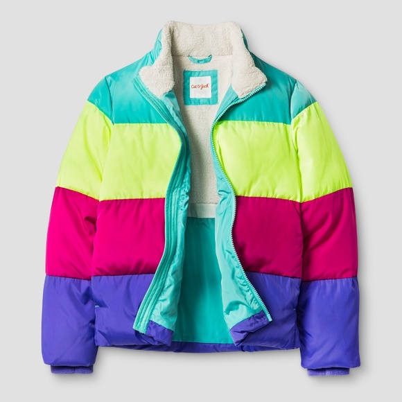 Cat & Jack Other - New CAT & JACK Girls' Neon Striped Puffer Jacket